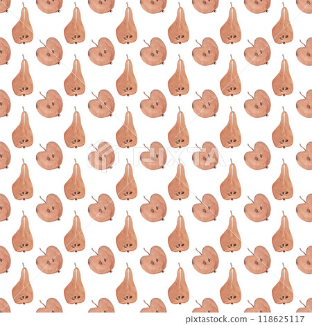 Half pears and apples. Watercolor fruits. Sweet healthy dessert. Autumn illustration. Seamless pattern for your design Half pears and apples. Watercolor fruits. Sweet healthy dessert. Autumn illustration. Seamless pattern for your design 118625117