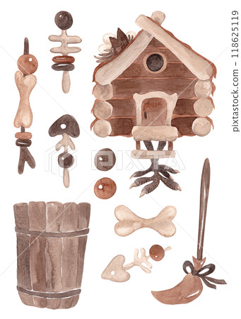 Magical items. Witchcraft and esotericism. Witch entourage set. Watercolor isolated illustrations for Halloween Magical items. Witchcraft and esotericism. Witch entourage set. Watercolor isolated illustrations for Halloween 118625119