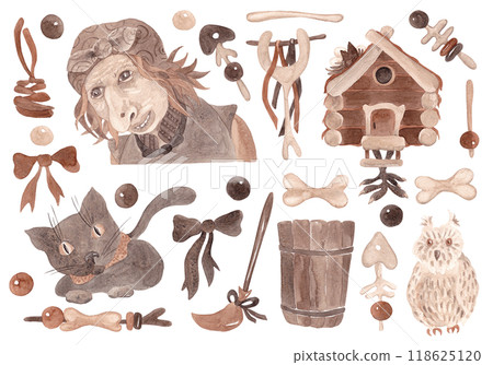 Magic items. Witchcraft and esotericism. Old witch with a hut, owl, cat and mortar. Set of witch accessories. Large set. Watercolor isolated illustrations for Halloween. Coffee tones 118625120