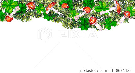 Seamless border with green fir branches, lucky shamrock leaves, fly agaric mushroom. Watercolor illustration for New Year, St. Patrick's Day. Template for invitation, scrapbook, card, sticker 118625183