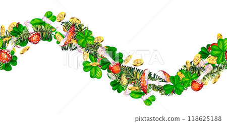 Seamless border with green fir branches, lucky shamrock, gold coins, fly agaric mushroom. Watercolor illustration for New Year, St. Patrick's Day. Template for invitation, scrapbook, card, sticker 118625188