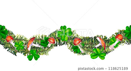 Seamless border with green fir branches, lucky shamrock leaves, fly agaric mushroom. Watercolor illustration for New Year, St. Patrick's Day. Template for invitation, scrapbook, card, sticker 118625189
