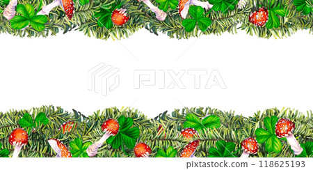 Seamless border with green fir branches, lucky shamrock leaves, fly agaric mushroom. Watercolor illustration for New Year, St. Patrick's Day. Template for invitation, scrapbook, card, sticker Seamless border with green fir branches, lucky shamrock leaves, fly agaric mushroom. Watercolor illustration for New Year, St. Patrick's Day. Template for invitation, scrapbook, card, sticker 118625193