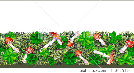 Seamless border with green fir branches, lucky shamrock leaves, fly agaric mushroom. Watercolor illustration for New Year, St. Patrick's Day. Template for invitation, scrapbook, card, sticker 118625194