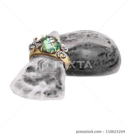 Gold ring with green stone on round sea stones. Isolated watercolor illustration for glossy magazine design, packaging printing, website design Gold ring with green stone on round sea stones. Isolated watercolor illustration for glossy magazine design, packaging printing, website design 118625204