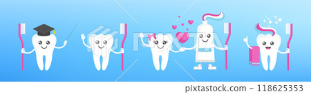 Funny cute smile and sad teeth characters. Dental health. 118625353
