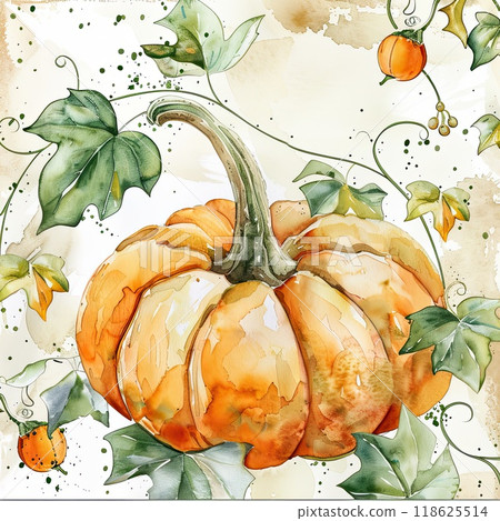 A beautifully rendered watercolor display showcases an orange pumpkin surrounded by lush green vines and delicate leaves, perfect for celebrating the fall season. 118625514