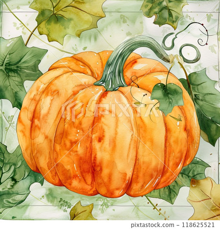 A beautifully rendered watercolor display showcases an orange pumpkin surrounded by lush green vines and delicate leaves, perfect for celebrating the fall season. 118625521