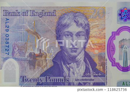 Portrait of Joseph Mallord William Turner on the 20 GBP note. 118625736