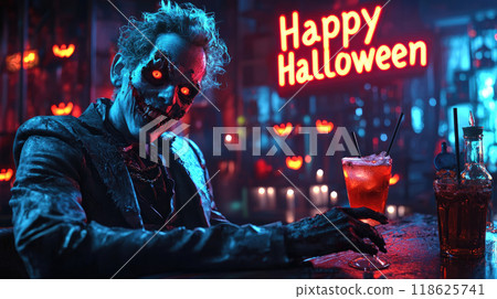 Spooky funny zombie drinks cocktail in bar, portrait of scary smiling living dead man in cafe on Happy Halloween. Theme of party, neon sign, horror, future, 118625741