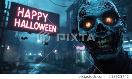 Scary living dead on dark street at mystic night, neon sign Happy Halloween and bats in haunted spooky city. Concept of fantasy, horror, party, background, zombie. 118625742