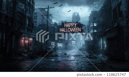 Glowing sign Happy Halloween in scary dystopian city at night, spooky dark street with destroyed buildings. Theme of party, horror, background, apocalypses. 118625747