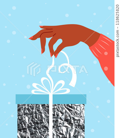 Elegant dark-skinned female hand unties bow from shiny silver gift box. Vector illustration. Holiday New Year, Merry Christmas card. 118625820