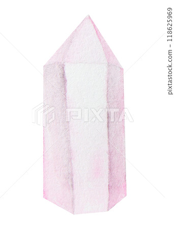 Crystal, stone. Polygonal, faceted mineral. Transparent and shiny pink rock fragment. Rhinestone, rose quartz, amethyst. Watercolor hand drawn cut out isolated clipart. Symbol of wealth and witchcraft 118625969