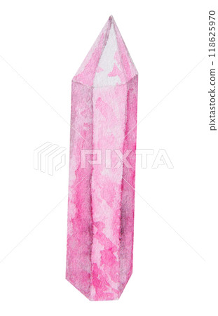 Crystal, stone. Polygonal, faceted mineral. Transparent and shiny pink rock fragment. Rhinestone, rose quartz, amethyst. Watercolor hand drawn cut out isolated clipart. Symbol of wealth and witchcraft 118625970