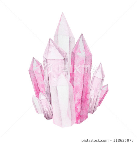 Crystal, stone. Polygonal, faceted mineral. Transparent and shiny pink rock fragment. Rhinestone, rose quartz, amethyst. Watercolor hand drawn cut out isolated clipart. Symbol of wealth and witchcraft 118625973