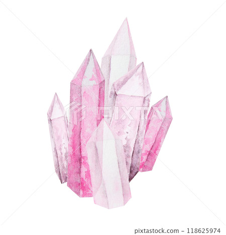 Crystal, stone. Polygonal, faceted mineral. Transparent and shiny pink rock fragment. Rhinestone, rose quartz, amethyst. Watercolor hand drawn cut out isolated clipart. Symbol of wealth and witchcraft Crystal, stone. Polygonal, faceted mineral. Transparent and shiny pink rock fragment. Rhinestone, rose quartz, amethyst. Watercolor hand drawn cut out isolated clipart. Symbol of wealth and witchcraft 118625974