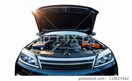 Image of a car with the hood open Image of a car with the hood open 118625982