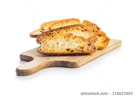 Crispy roasted bruschetta bread isolated on white background. Crispy roasted bruschetta bread isolated on white background. 118625983