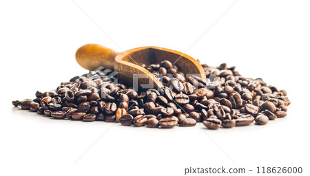 Roasted coffee beans in wooden scoop isolated on white background. Roasted coffee beans in wooden scoop isolated on white background. 118626000