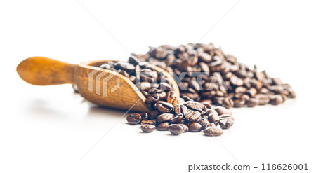 Roasted coffee beans in wooden scoop isolated on white background. Roasted coffee beans in wooden scoop isolated on white background. 118626001