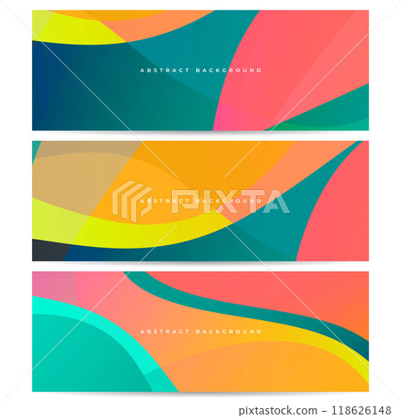 Colorful fluid vector set of backgrounds with wavy geometric shapes. Modern vibrant colors gradient banner design collection. 118626148