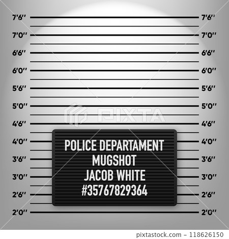 Mugshot template. Police department lineup mugshot board. Stand for criminals photo. Criminal height wall. Vector illustration. 118626150