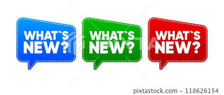 Whats New speech bubble. Labels for promotion design. Special offer sign. New arrivals symbol. Vector illustration. 118626154
