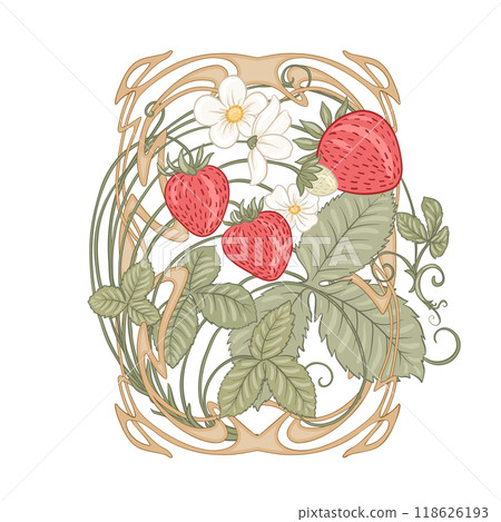 Strawberry. Branch with berries, leaves and flowers 118626193