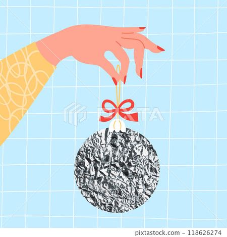 Hand holding silver Christmas ball with red bow on light blue checkered background. Vector illustration. Holiday Xmas, New Year card. Hand holding silver Christmas ball with red bow on light blue checkered background. Vector illustration. Holiday Xmas, New Year card. 118626274