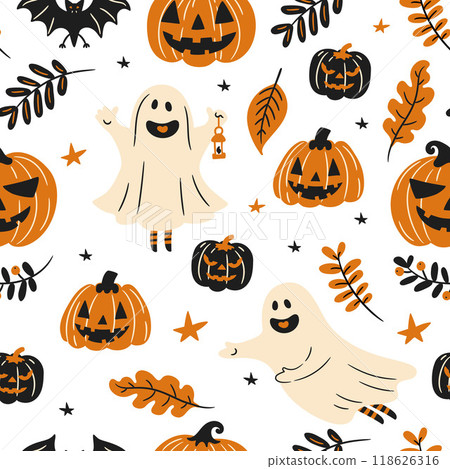 seamless background with cartoon halloween illustrations in autumn composition 118626316