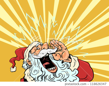 Santa Claus screams loudly. Bright offer for clients on New Year. Buy a gift for the holiday. 118626347