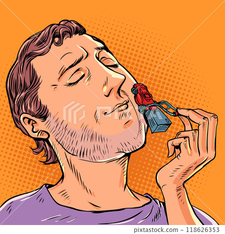 Man shaving with a lawn mower. Incorrect methods of facial skin care. Quality and capabilities of a new lawn mower. Man shaving with a lawn mower. Incorrect methods of facial skin care. Quality and capabilities of a new lawn mower. 118626353