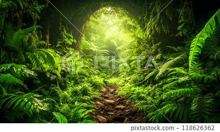 Sun shining through forest canopy illuminating hiking trail 118626362