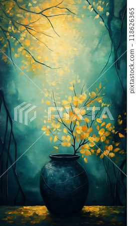 This is a beautiful painting of a vase containing a branch with yellow leaves. Copy space 118626365