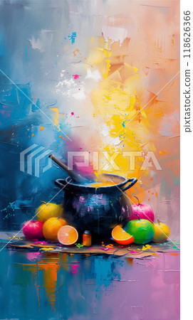 A painting depicting a magic cauldron with various fruits on the table. Copy space 118626366