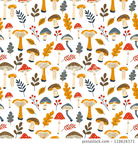 autumn seamless pattern with mushrooms, leaves and berries. Vector illustration in doodle style 118626371