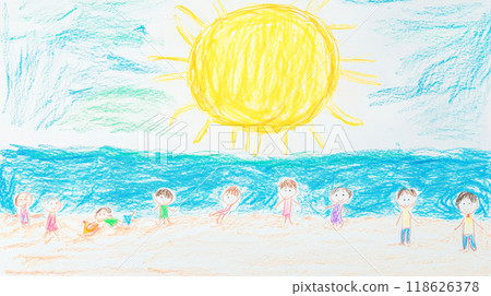 Children drawing of people enjoying summer beach vacation 118626378