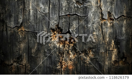 Dark wood texture showing deep cracks and knots 118626379