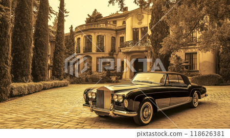 Classic luxury convertible car parked in front of mansion estate Classic luxury convertible car parked in front of mansion estate 118626381