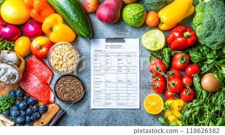 Planning balanced diet clipboard surrounded by healthy food Planning balanced diet clipboard surrounded by healthy food 118626382