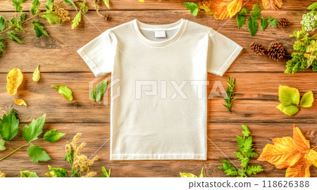 White t shirt lying on wooden background surrounded by autumn leaves 118626388