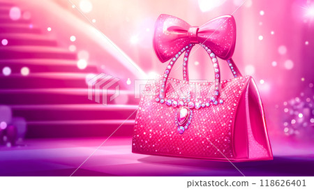 Pink sparkly handbag awaiting on a stage with stairs Pink sparkly handbag awaiting on a stage with stairs 118626401