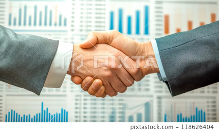 Businessmen shaking hands in front of charts background Businessmen shaking hands in front of charts background 118626404