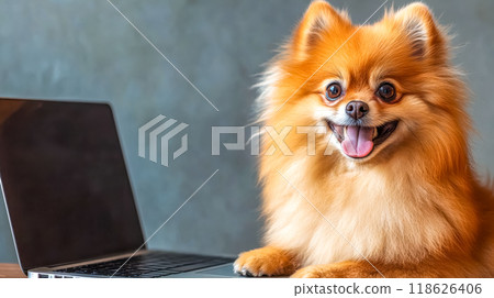 Pomeranian dog sitting near laptop computer looking happy 118626406