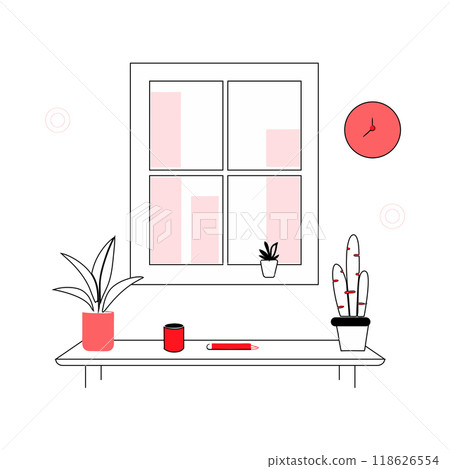 A minimalistic vector illustration of a desk with potted plants, a window, and basic decor elements. Suitable for home office or interior design content... 118626554