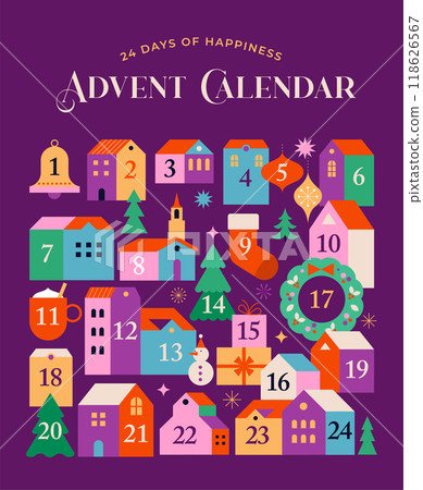 Merry Christmas, Advent Calendar. Concept design with Christmas village, decorations, gifts and Merry Christmas, Advent Calendar. Concept design with Christmas village, decorations, gifts and 118626567