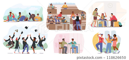 University Students Engaged In Various Activities Including Studying, Attending Lectures, And Celebrating Graduation 118626650