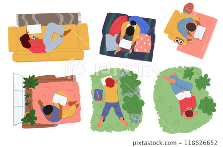 Set of People Absorbed In Reading Books In Different Cozy Environments. Each Vector Image Shows Moments Of Relaxation 118626652