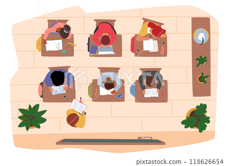 Group Of Students Viewed From Above In A Classroom Setting. They Are Engaged In Writing And Studying Group Of Students Viewed From Above In A Classroom Setting. They Are Engaged In Writing And Studying 118626654